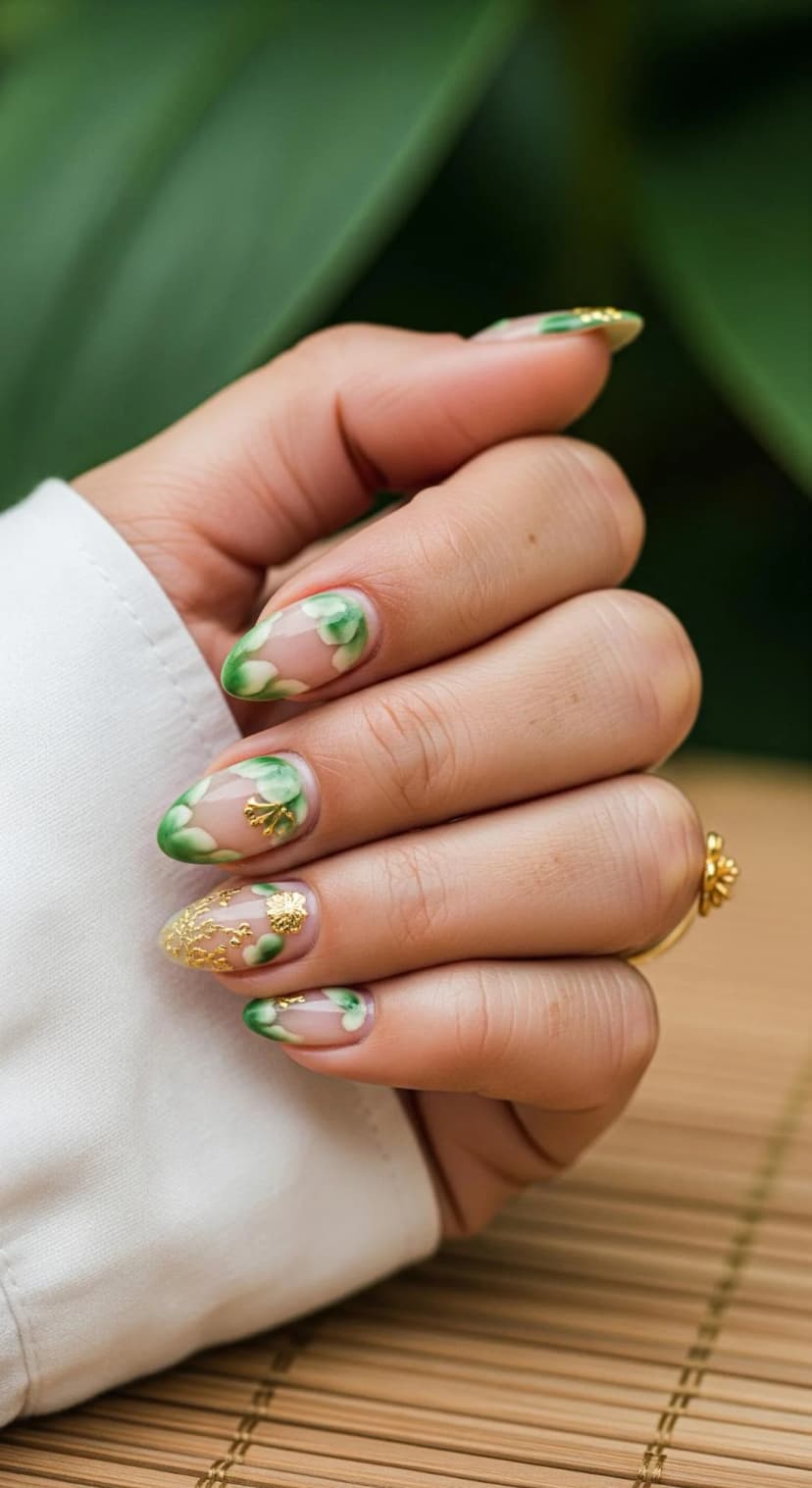 Nude Almond Nails with Green Floral Swirls & Gold Accents