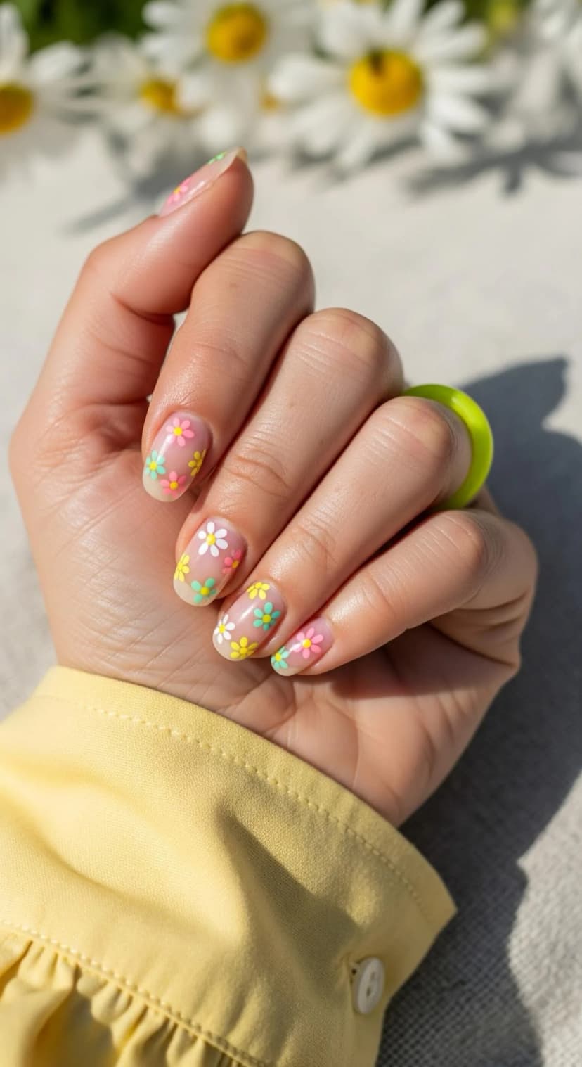 Sheer Nude Base with Daisy Flower Decals