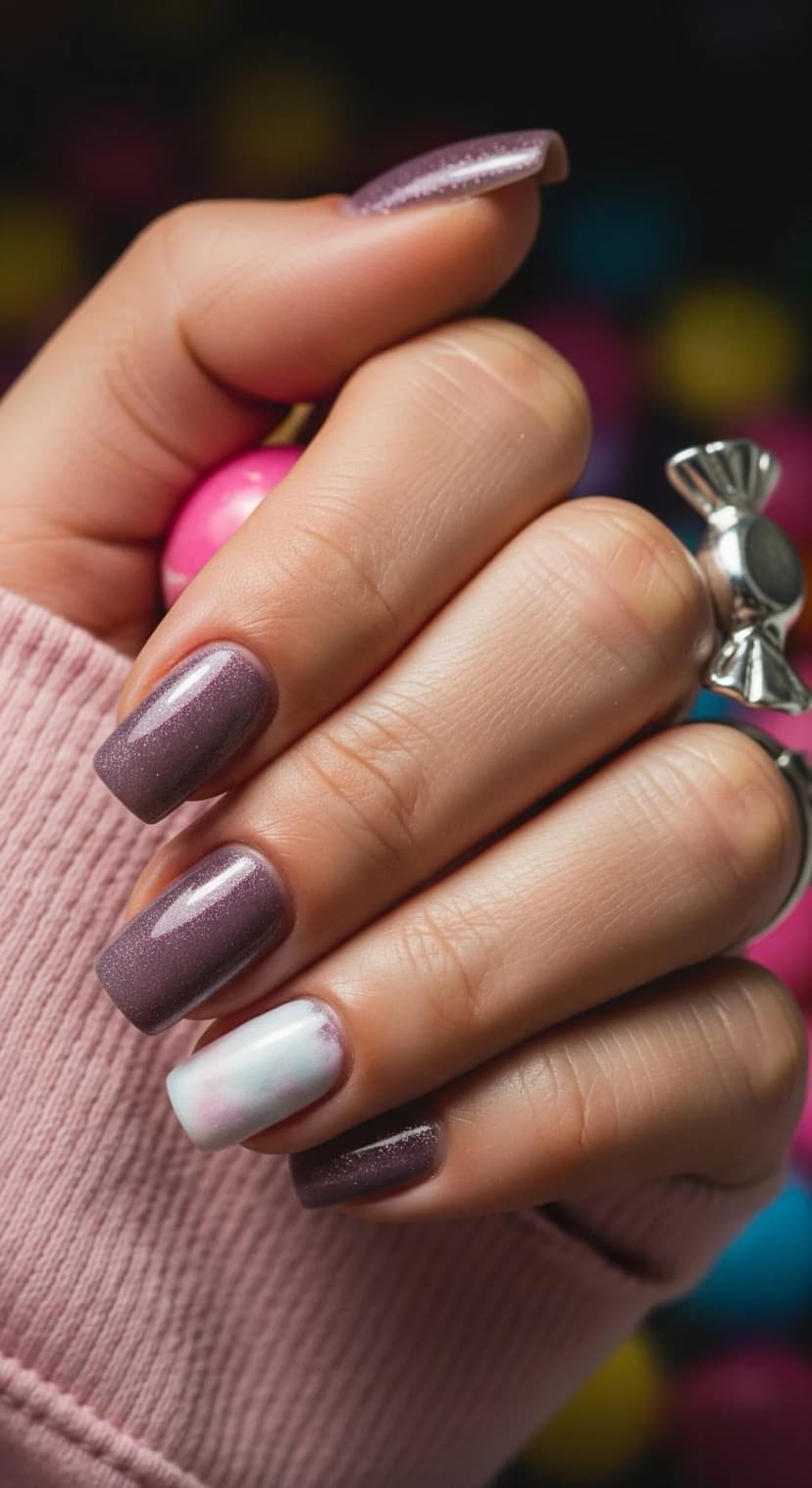Mauve Shimmer Square Nails with Swirl Accent