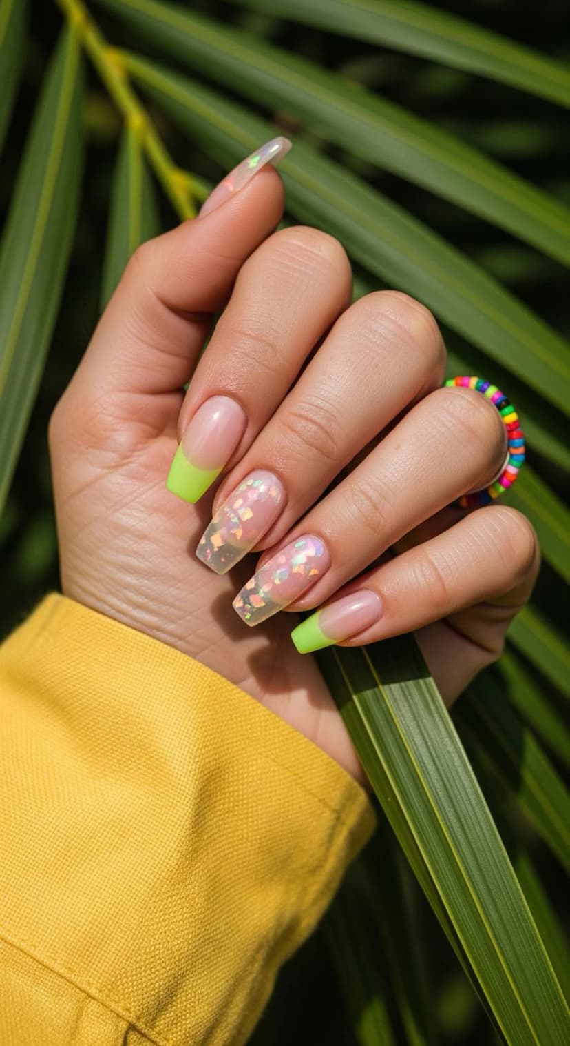 Neon French Tip Nails with Opal Glitter Accent