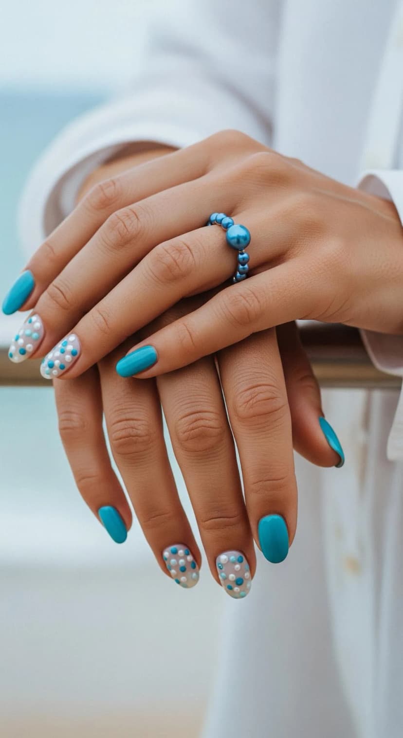 Turquoise Solid Nails with Pearl & Turquoise Polka Dot Accents
