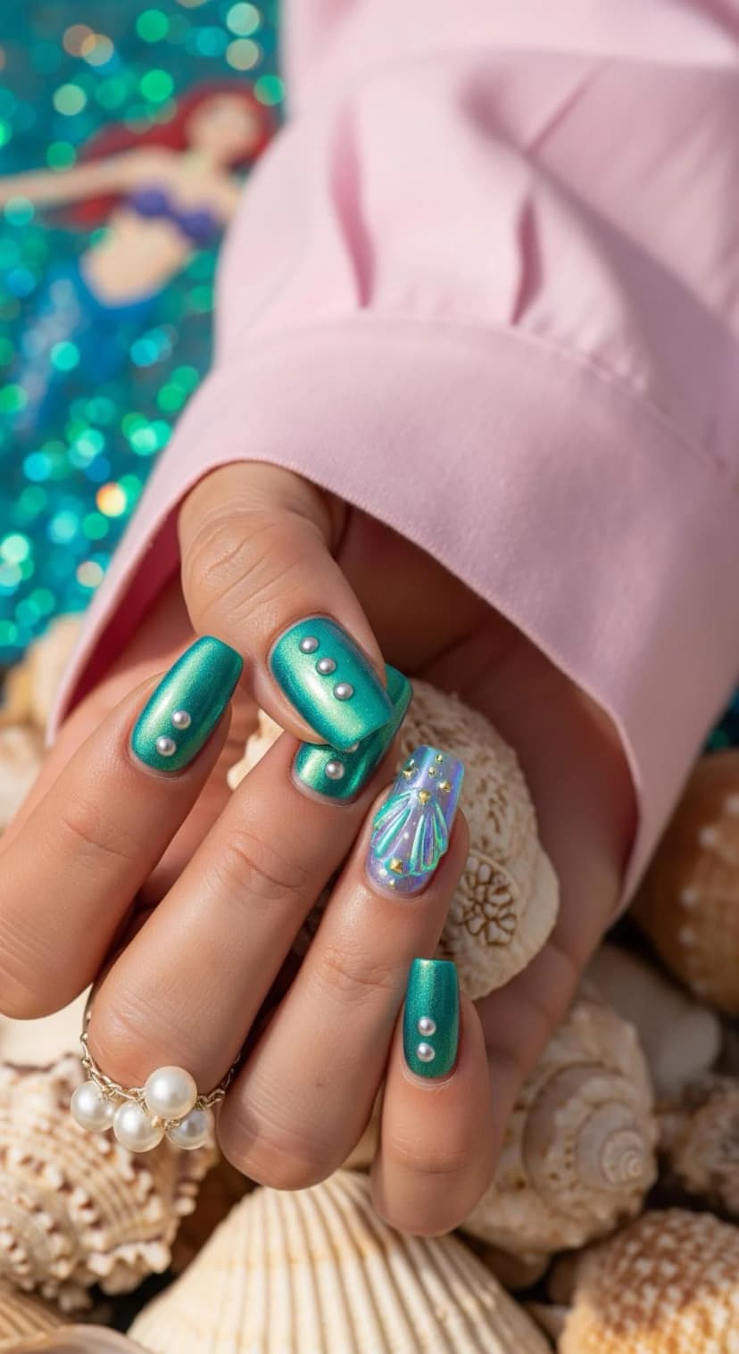 Teal Shimmer Nails with Iridescent Shell Accent