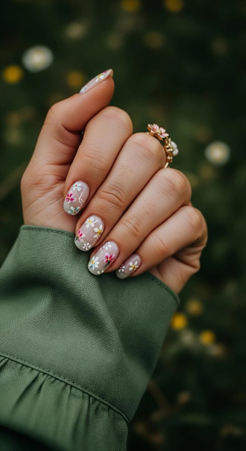 Sheer Nude Base + Floral Nail Art + Gold Floral Ring