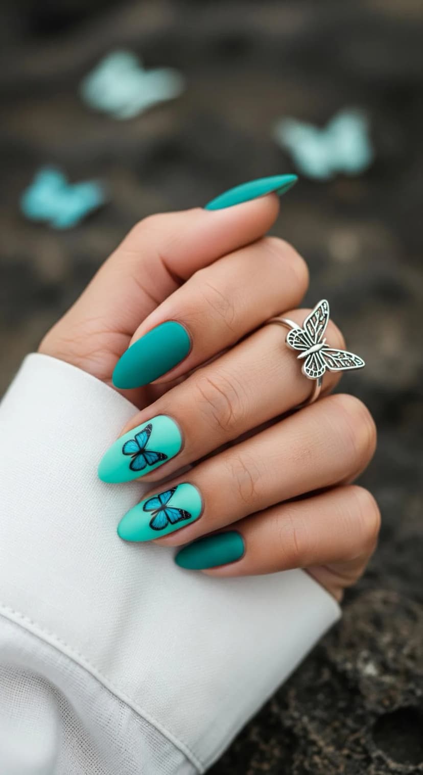 Teal Matte Nails with Butterfly Nail Art