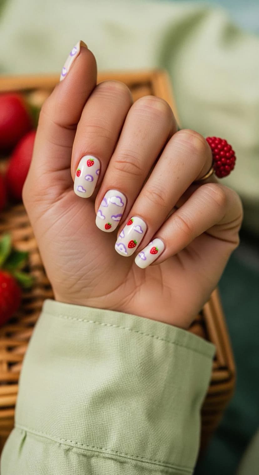 Cream Cloud and Strawberry Print Nails