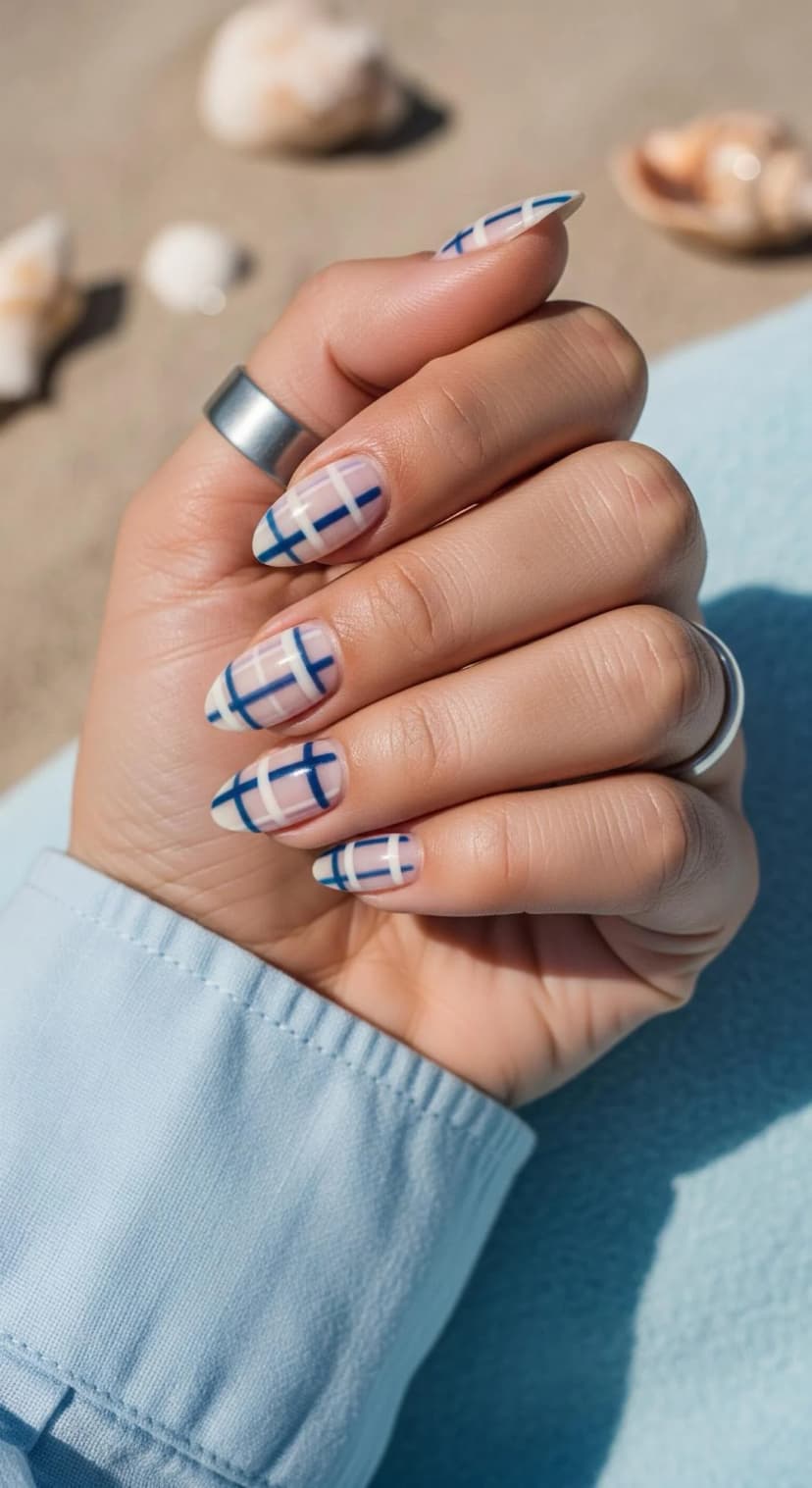 Soft Blue & Neutral Plaid Nail Design