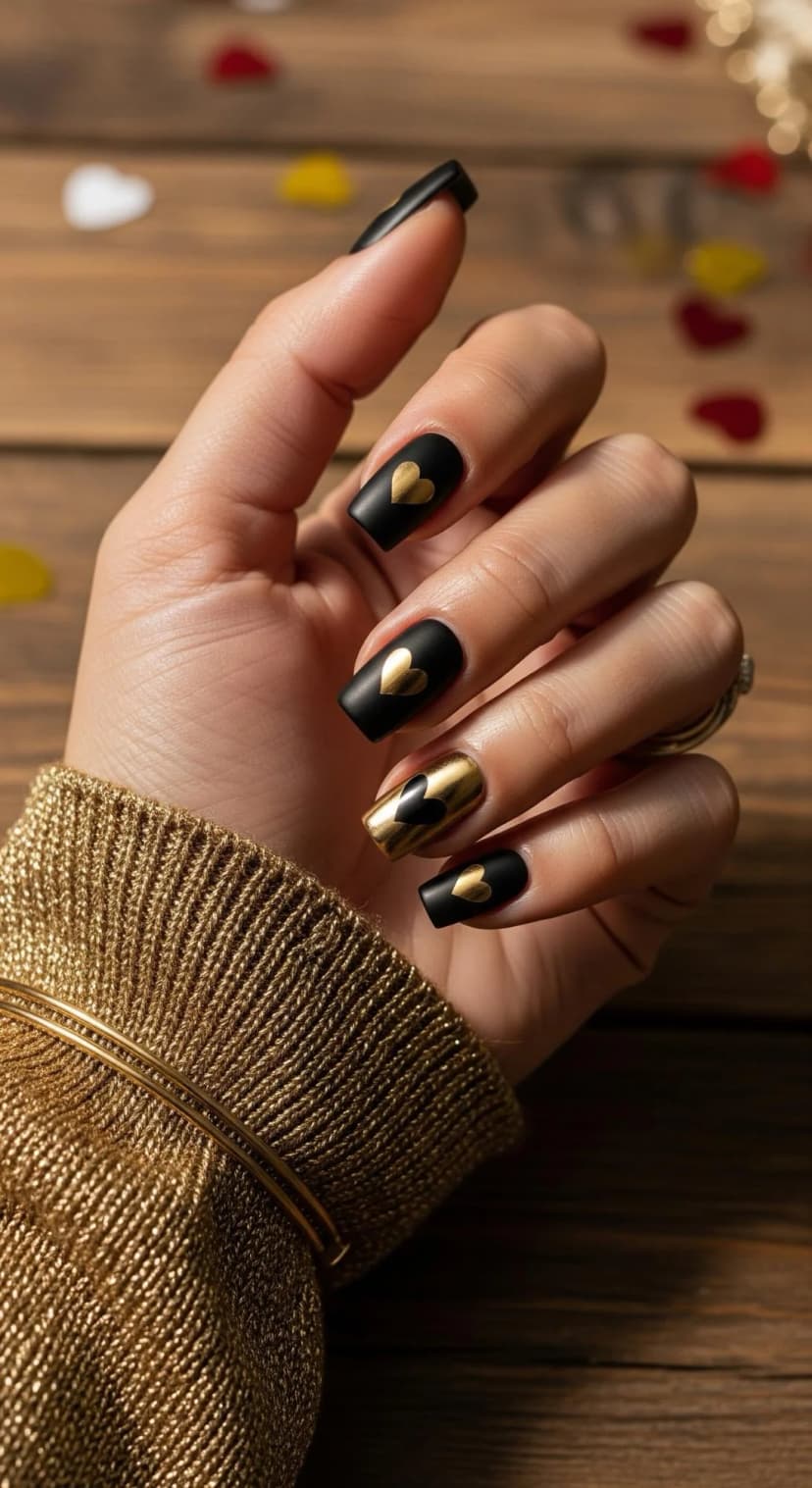 Matte Black Nails + Gold Heart Decals
