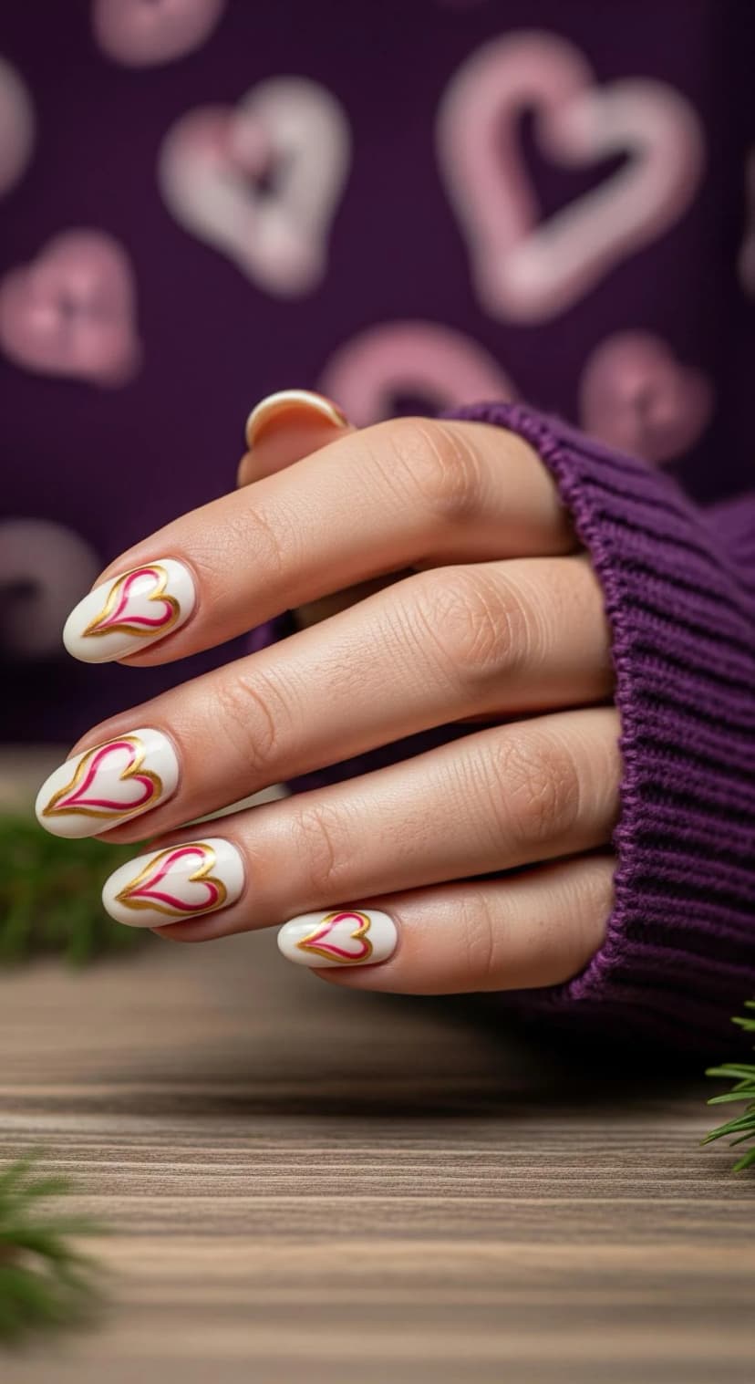 White Almond Nails + Gold and Pink Hearts