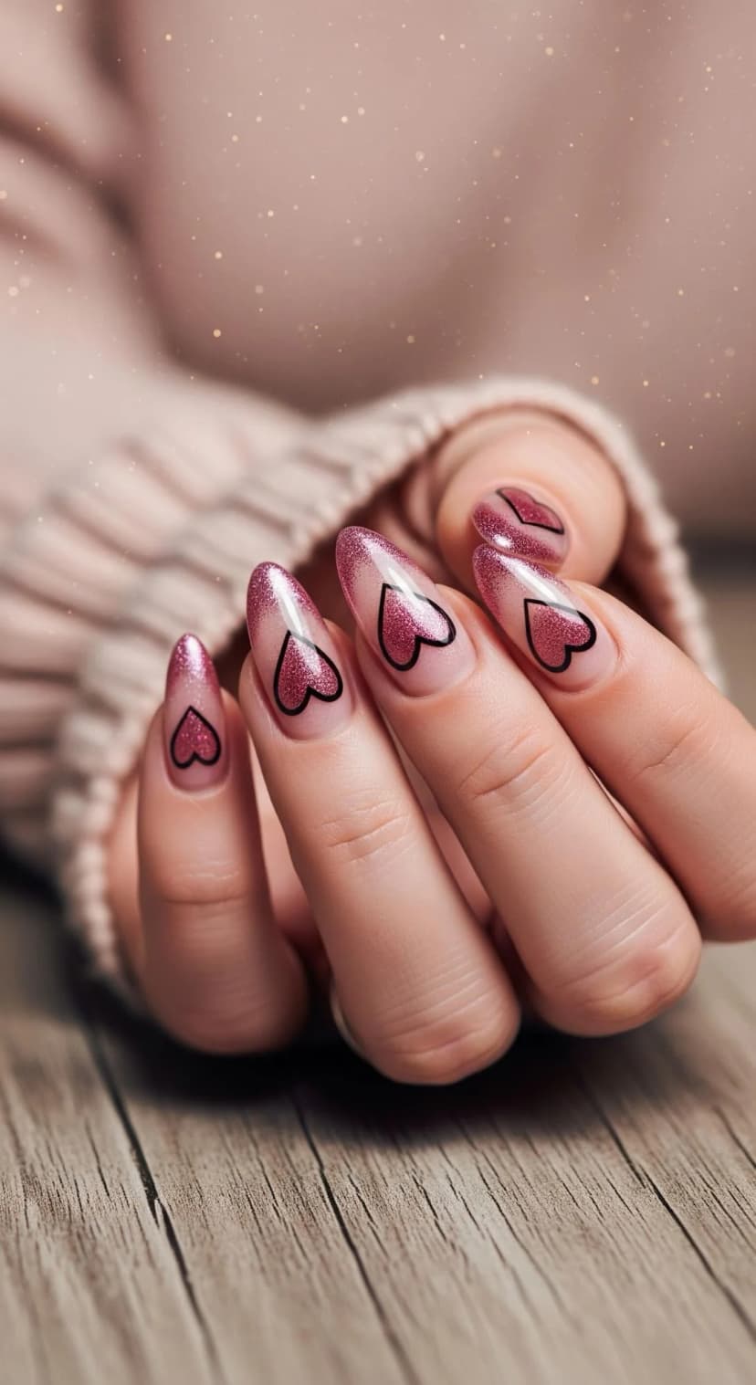 Pink Glitter Ombre Hearts Nails
