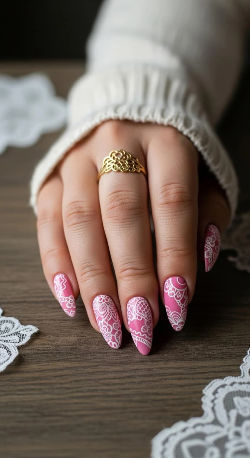 Pink Lace Print Almond Nails