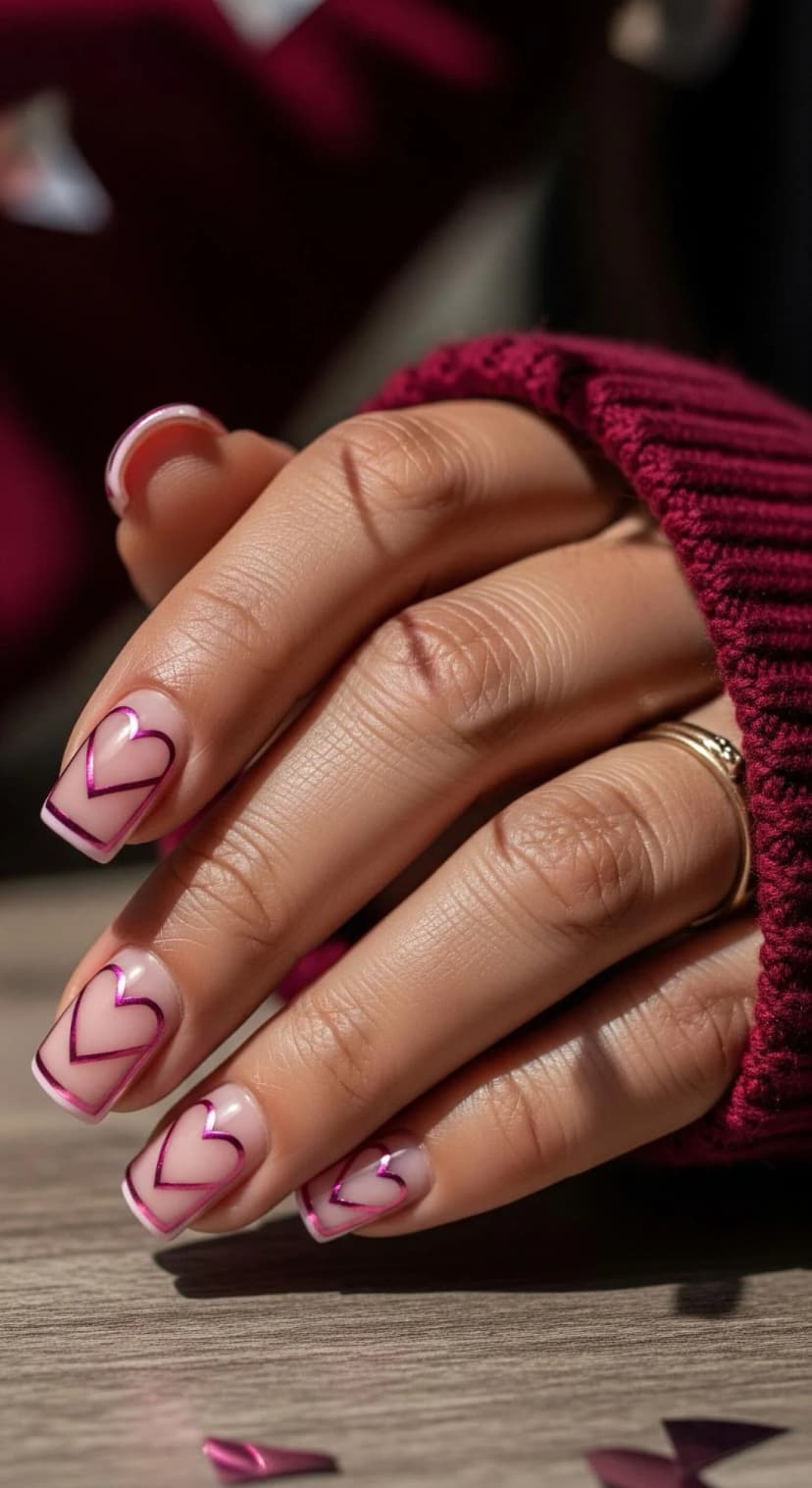 Pink Metallic Heart French Tip Nails