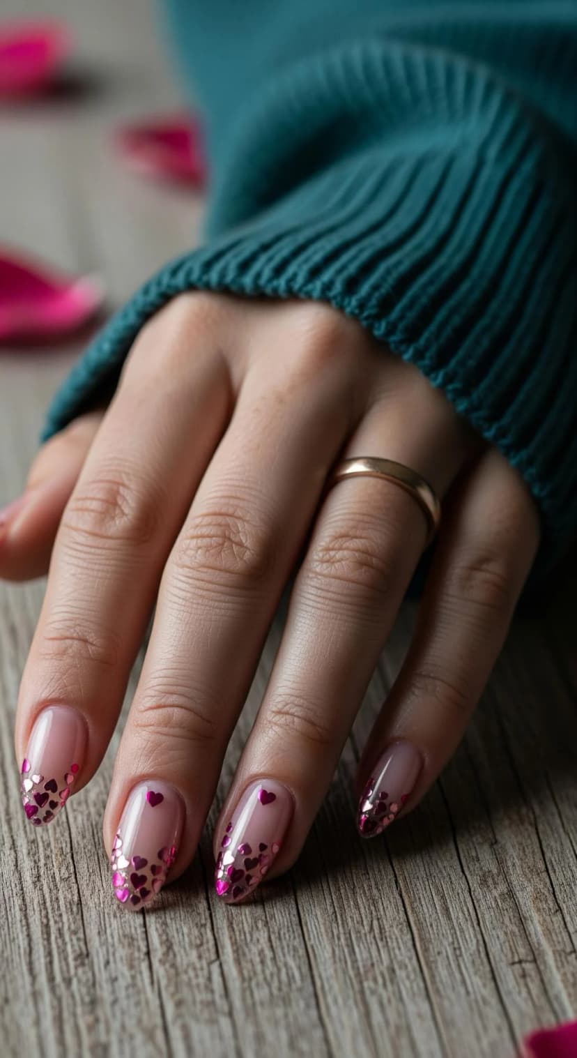 Sheer Pink Gel Nails with Pink Heart Glitter Accents