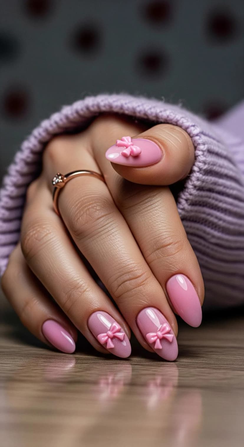Pink Gel Nails with Bow Charms + Rose Gold Ring