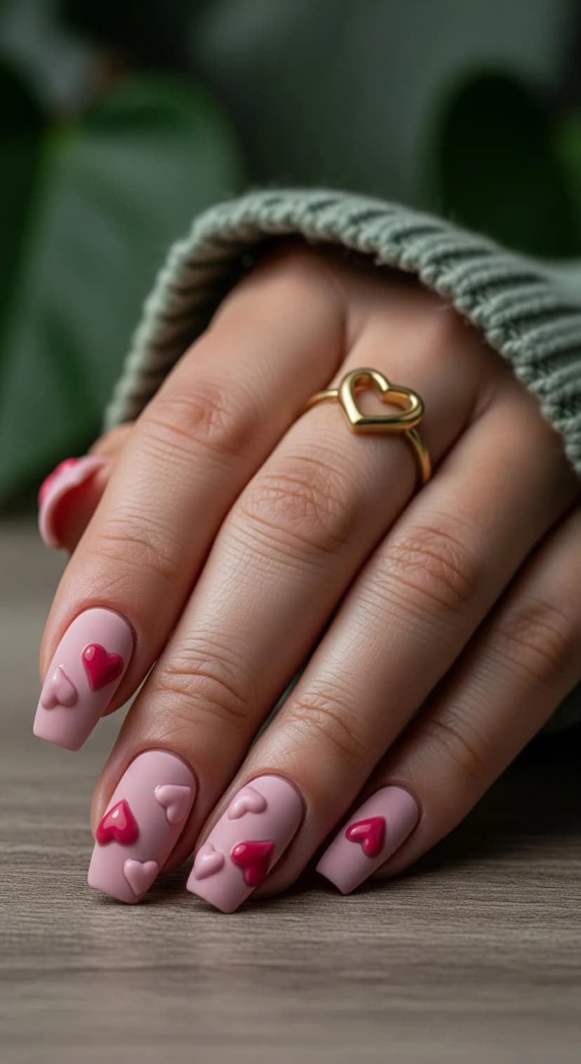 Matte Pink Square Nails with 3D Hearts + Gold Heart Ring