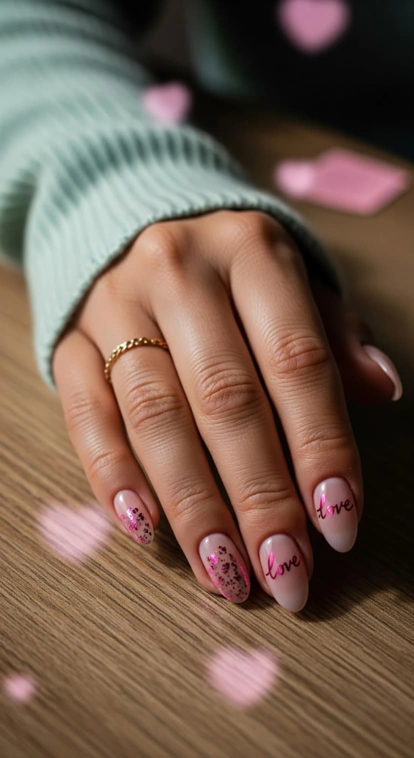 Pale Pink Ombre Nails with Pink Glitter Accents - Variation
