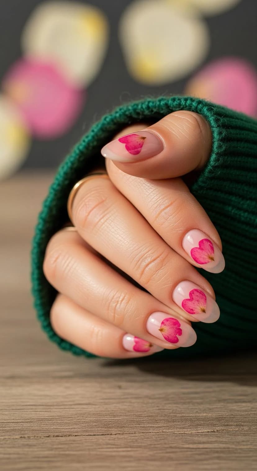 Pink Pressed Flower Nails + Green Cable Knit Sweater