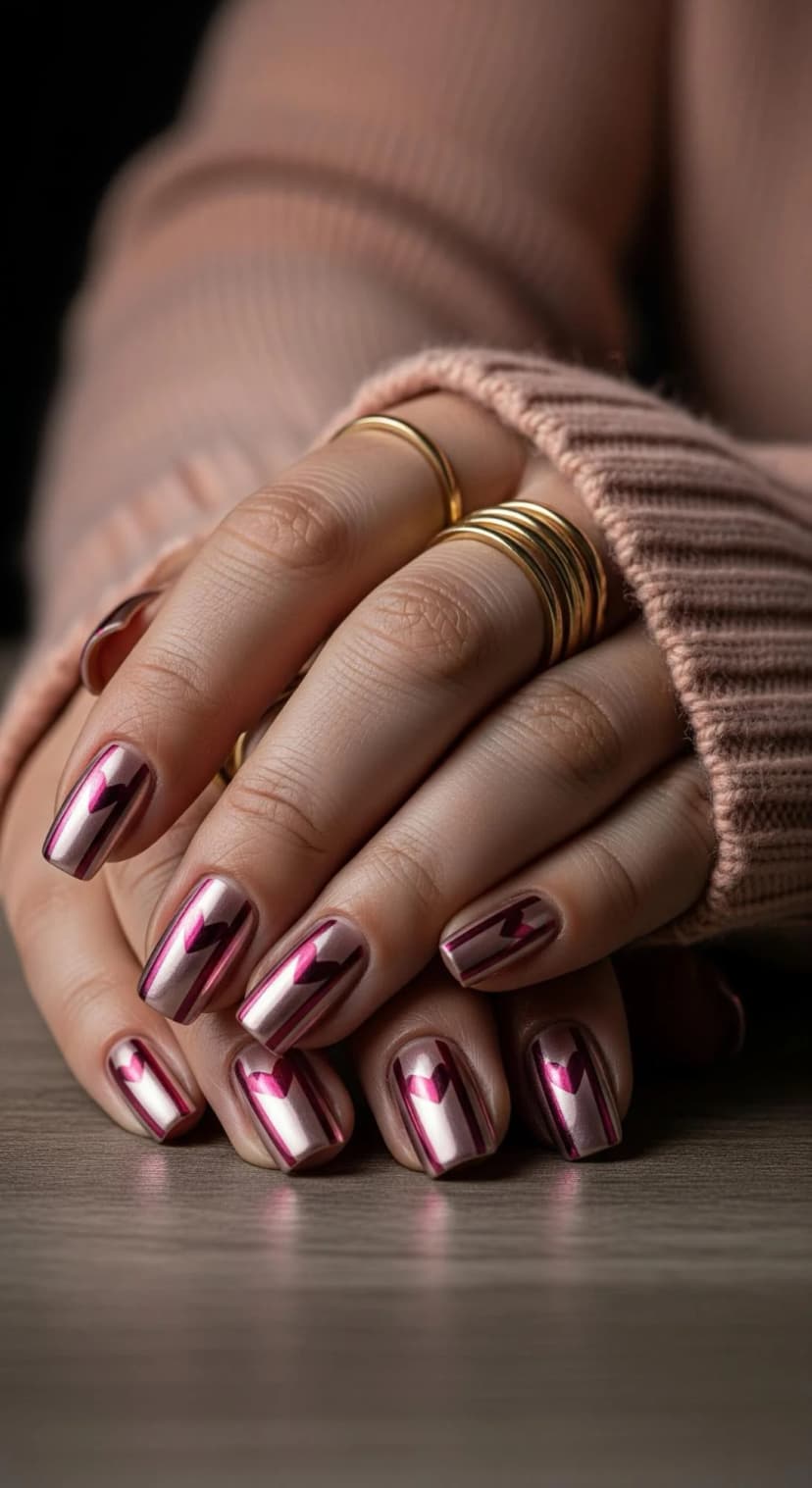 Rose Gold Chrome Heart Nails