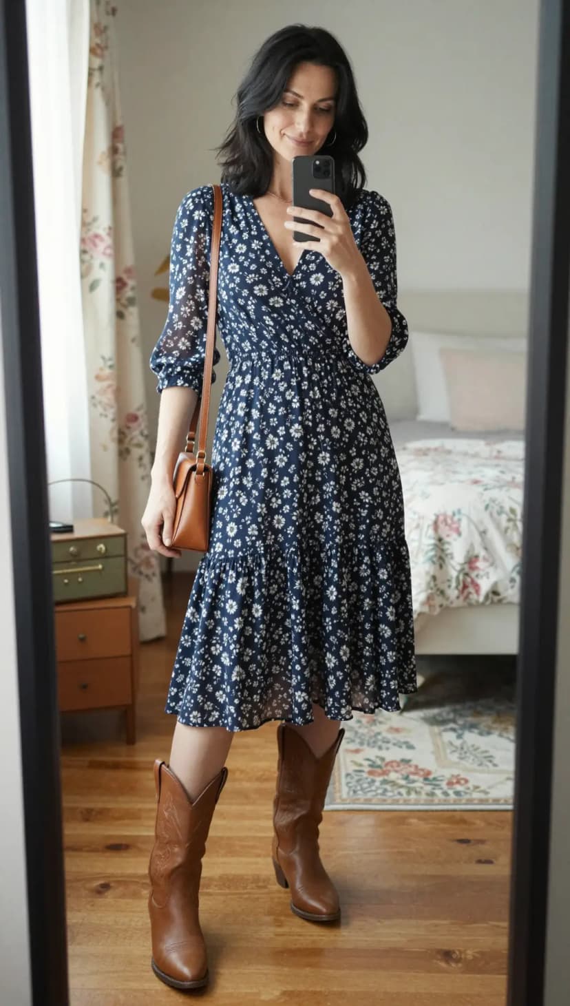 Navy Floral Chiffon Midi Dress + Tan Leather Cowboy Boots + Tan Leather Crossbody Bag