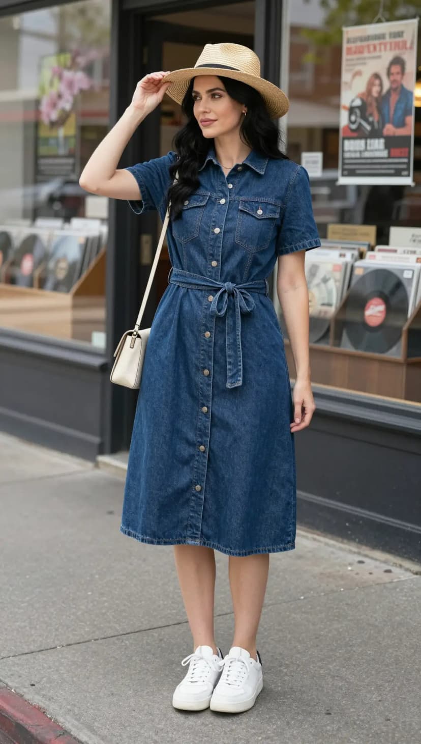 Blue Denim Midi Shirt Dress + White Leather Sneakers + Straw Fedora Hat