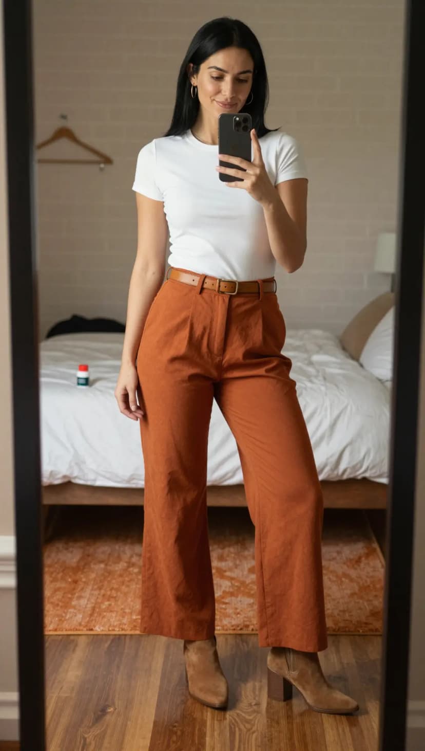 White Cotton T-Shirt + Rust Corduroy Wide-Leg Trousers + Tan Suede Ankle Boots