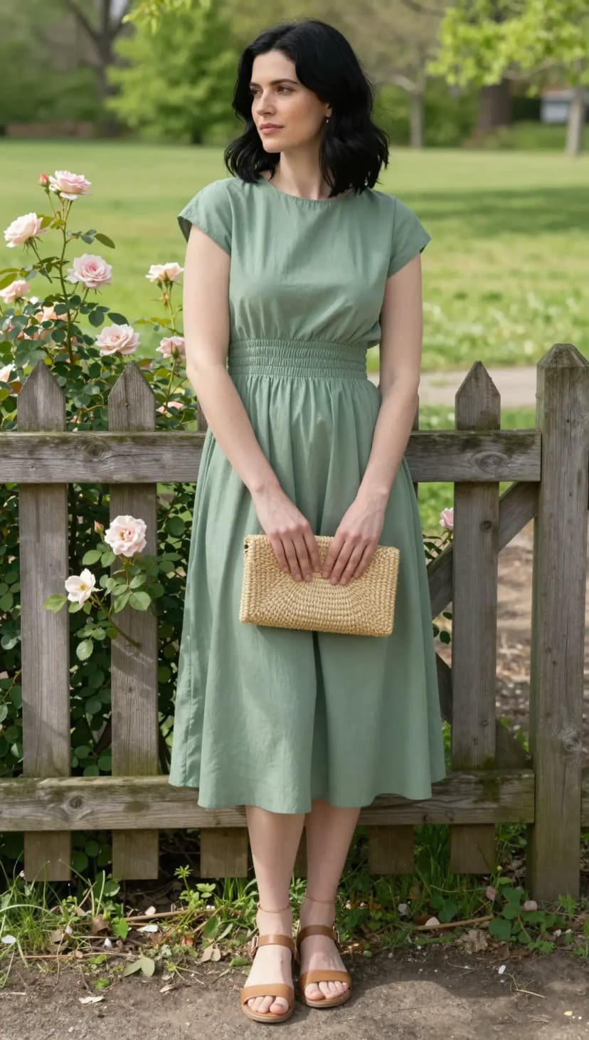 Sage Cotton Midi Dress + Tan Leather Flat Sandals + Woven Clutch
