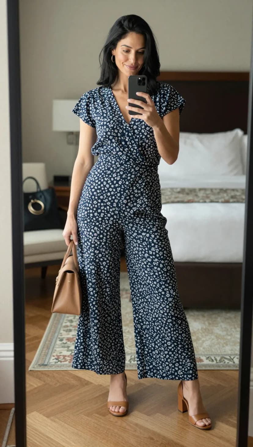 Navy Floral Print Wide-Leg Jumpsuit + Tan Block Heel Sandals