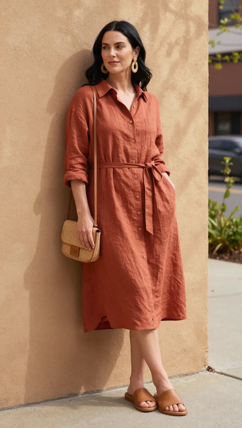 Terracotta Linen Shirtdress + Tan Leather Slides
