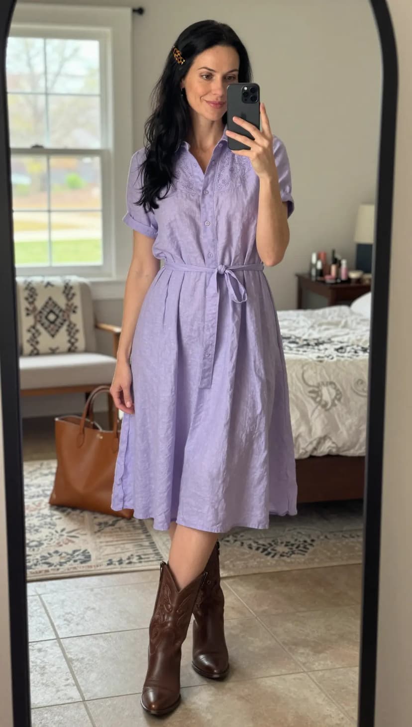 Lavender Linen Shirt Dress + Brown Leather Cowboy Boots