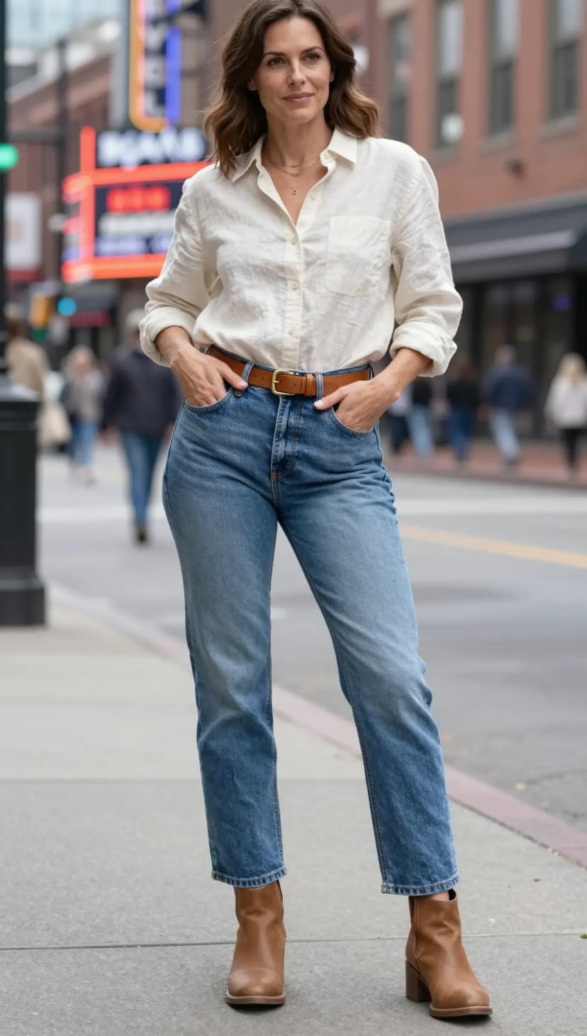 Cream Linen Button-Up Shirt + Medium Wash Denim Jeans + Brown Leather Ankle Boots