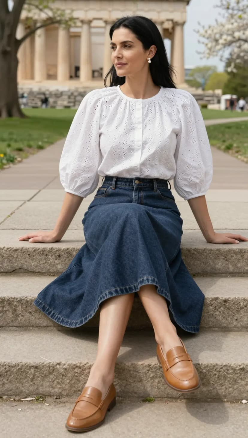 White Eyelet Cotton Puff Sleeve Blouse + Dark Wash Denim Midi Skirt + Brown Leather Loafers