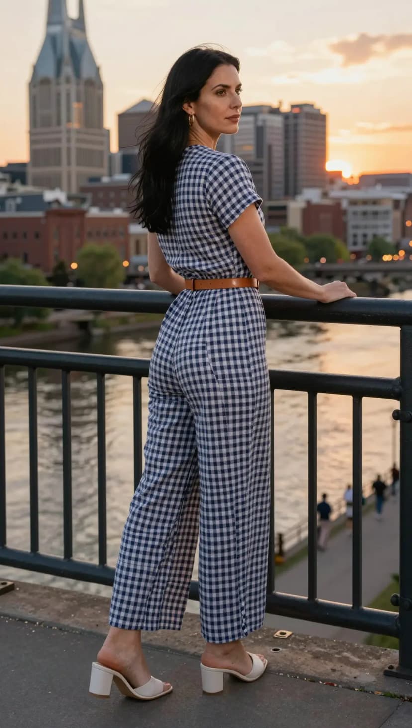 Blue Gingham Cotton Jumpsuit + Tan Leather Belt + White Block Heel Mules