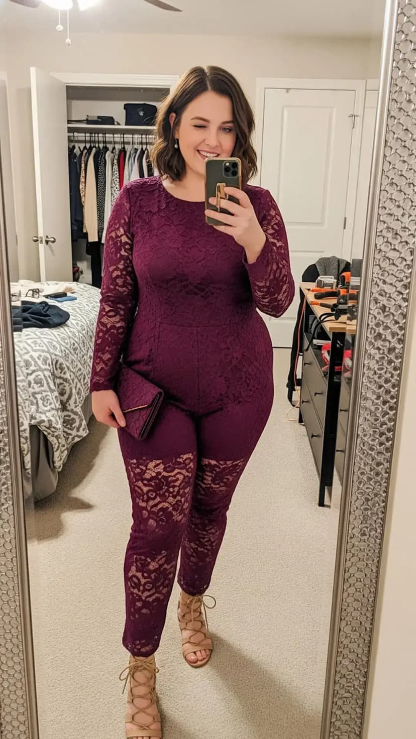 Plum Lace Jumpsuit + Wine Clutch + Nude Lace-Up Heels