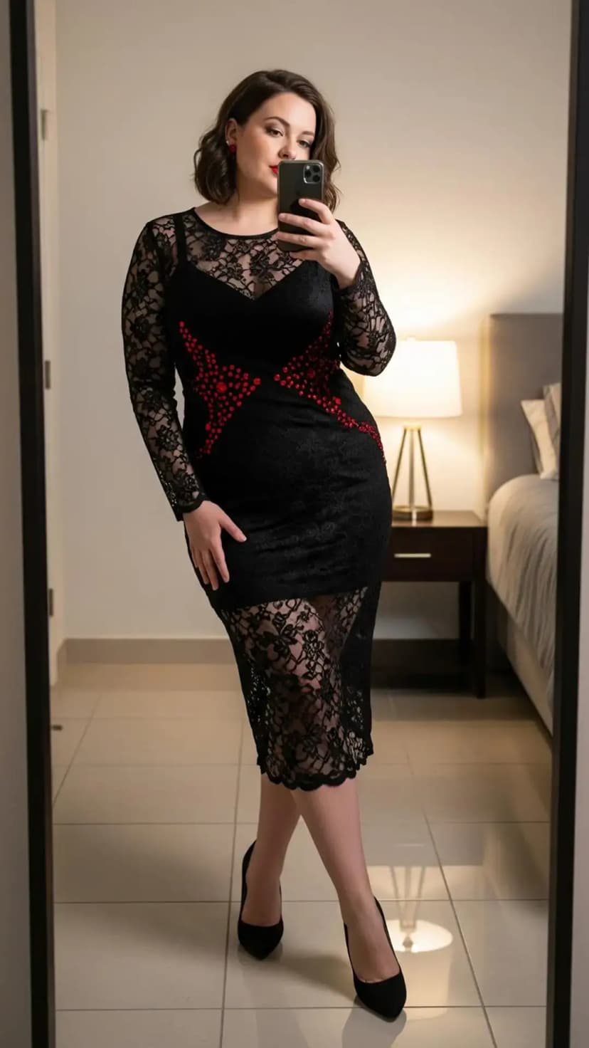 Black Lace Bodycon Dress + Red Embellishments + Black Pumps