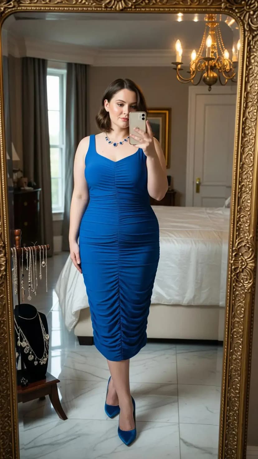 Royal Blue Ruched Bodycon Dress + Statement Necklace + Blue Pumps