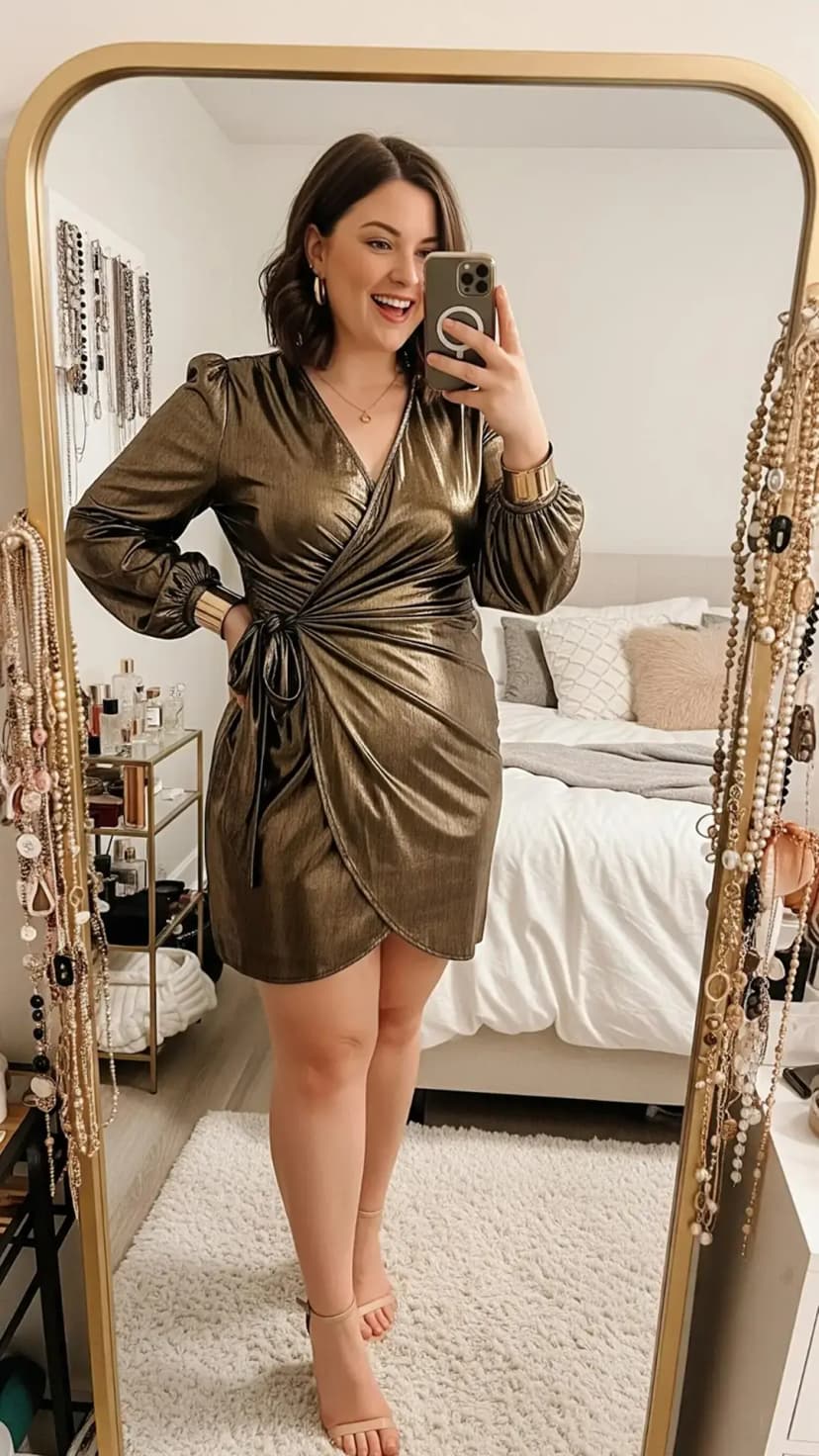 Gold Metallic Wrap Dress + Gold Cuff Bracelet
