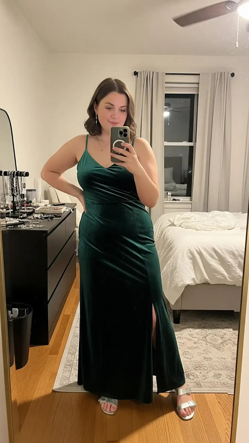 Emerald Green Velvet Maxi Dress + Silver Sandals + Silver Earrings