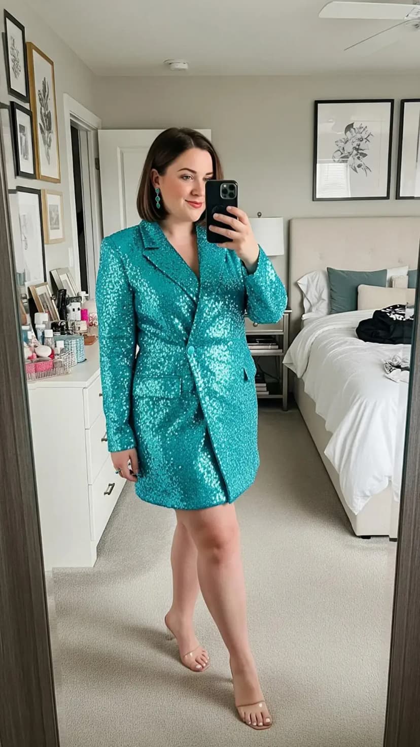 Turquoise Sequin Blazer Dress + Nude Heels + Turquoise Earrings