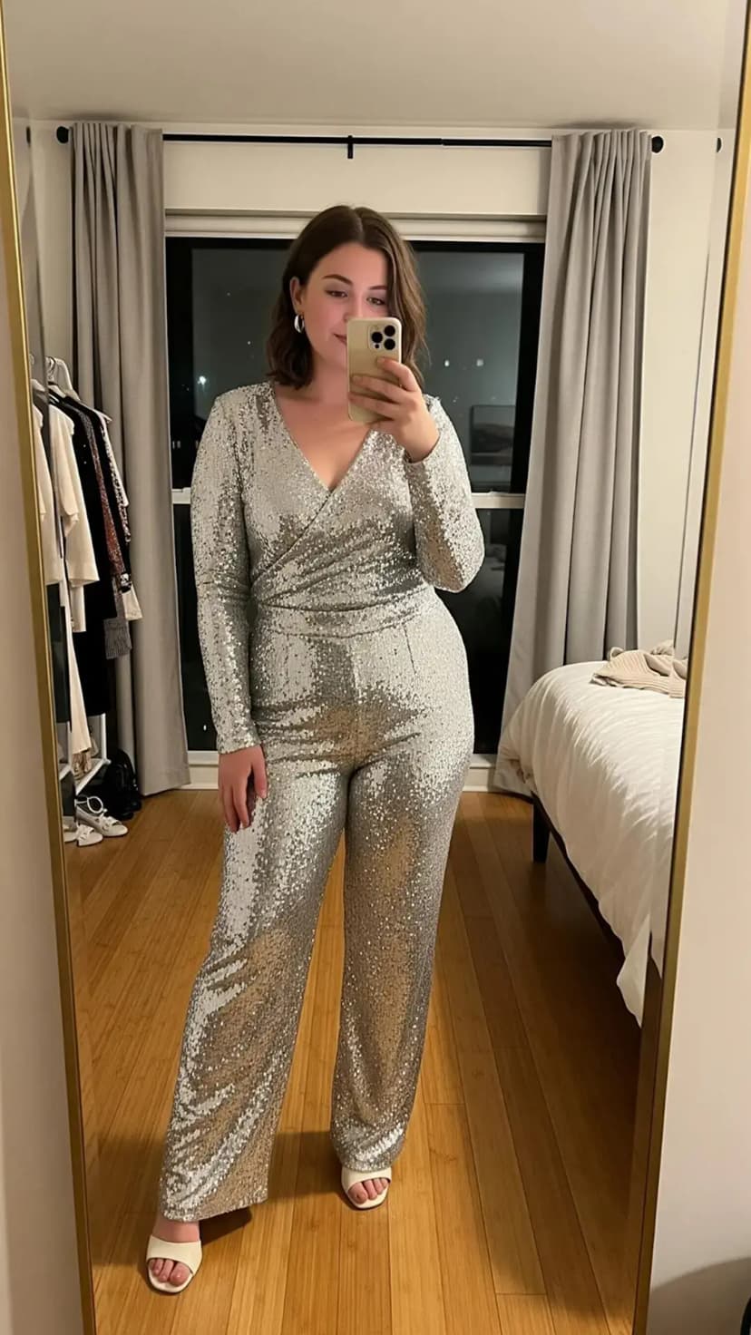 Silver Sequin Jumpsuit + White Sandals