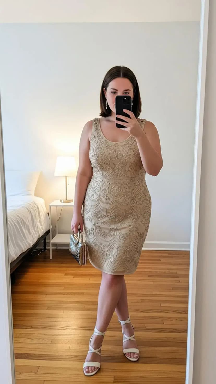 Cream Embellished Bodycon Dress + Metallic Clutch + White Strappy Heels