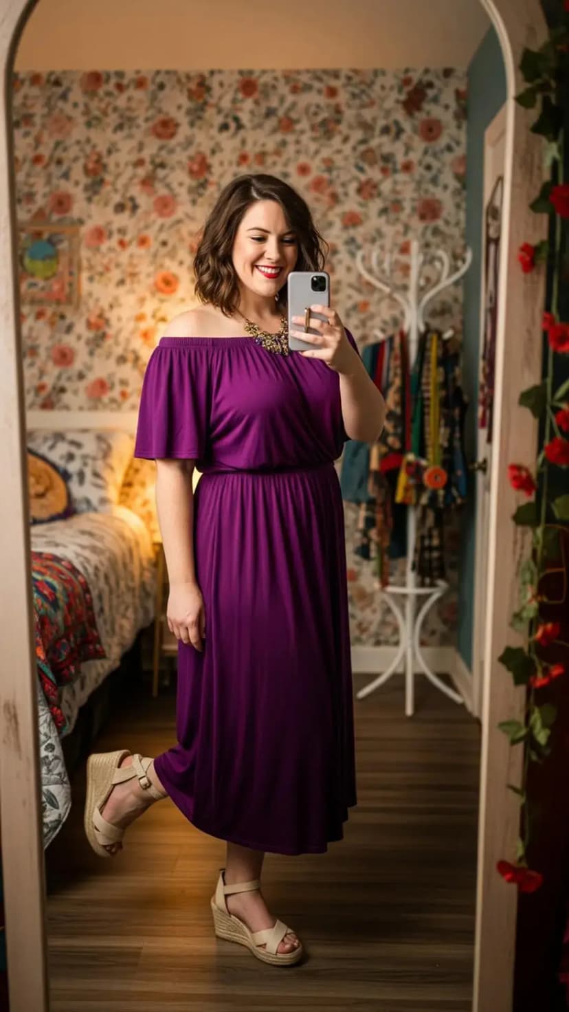 Plum Off-Shoulder Midi Dress + Statement Necklace + Wedge Sandals