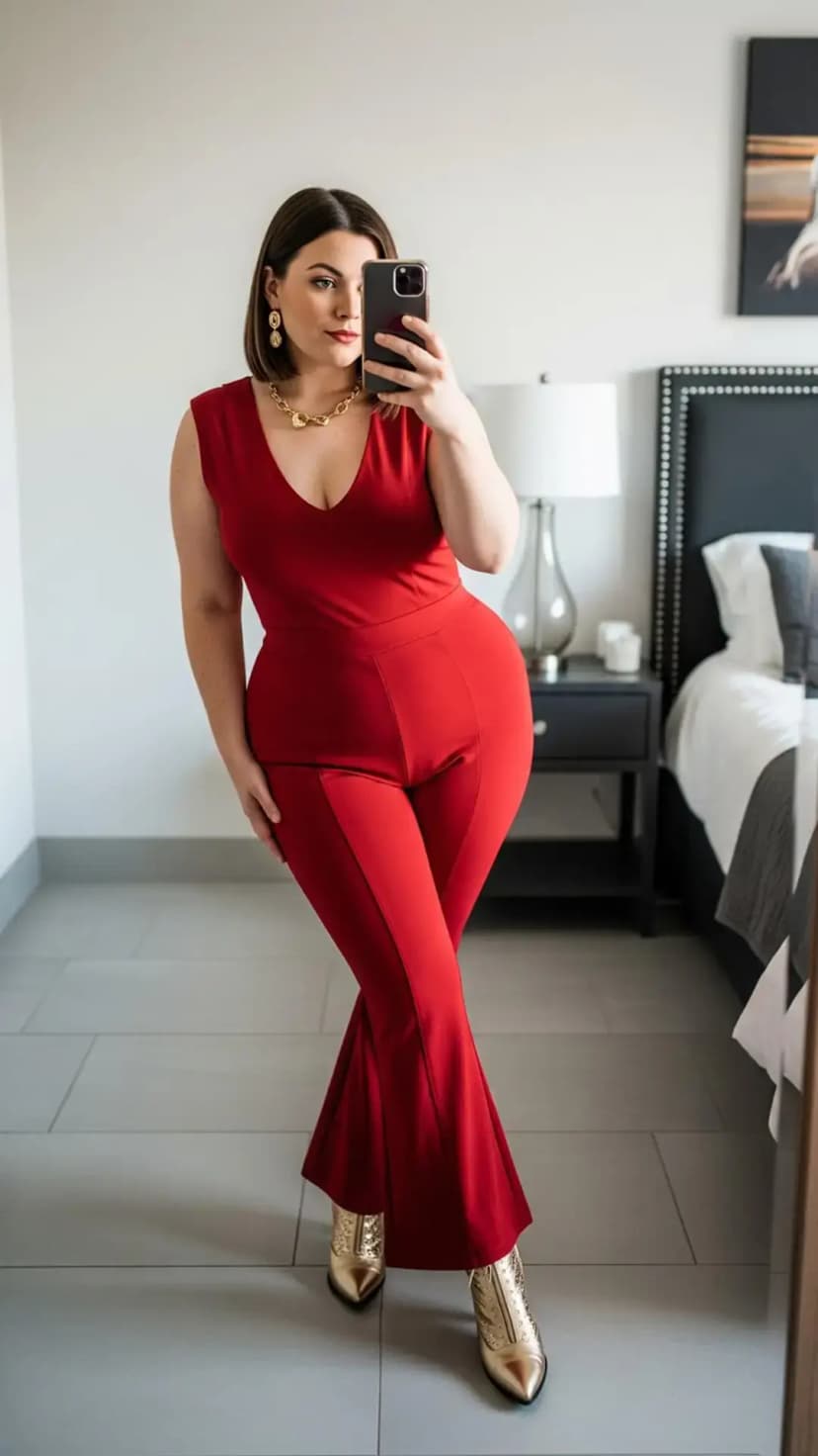 Red Wide-Leg Jumpsuit + Gold Boots + Gold Chain