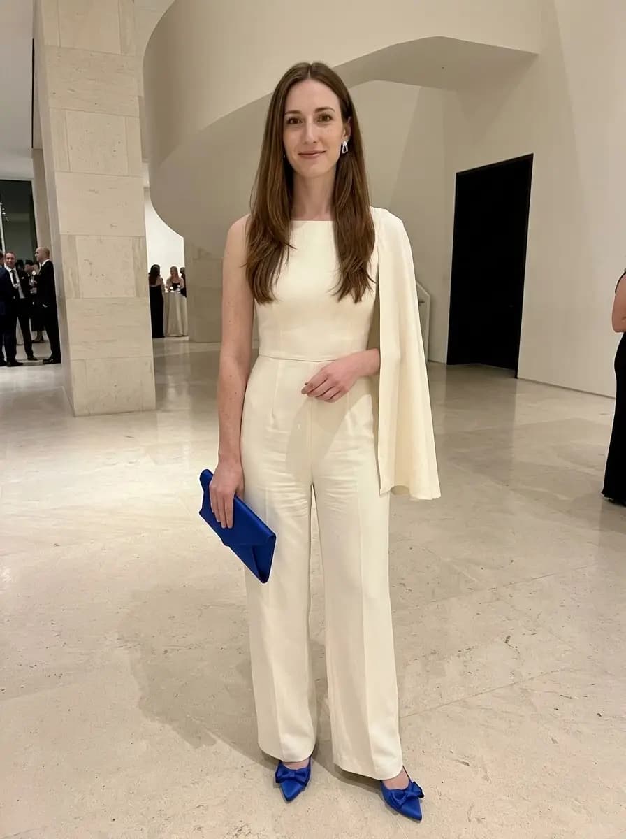Cream one-shoulder wide-leg jumpsuit with draped cape sleeve accented by bold cobalt blue pointed heels and clutch