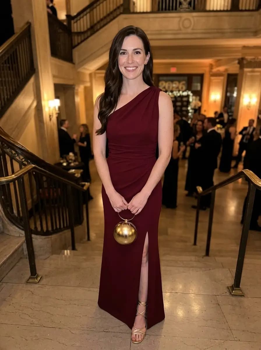 Burgundy one-shoulder draped maxi gown with thigh slit, delicate gold strappy heels, and spherical gold evening bag