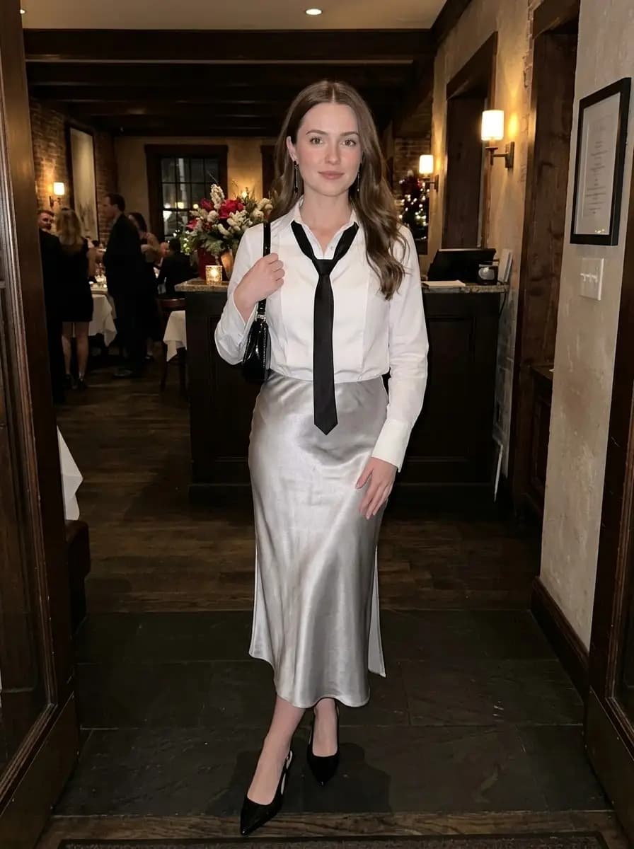 Crisp white button-down shirt with slim black necktie tucked into a fluid silver satin midi skirt