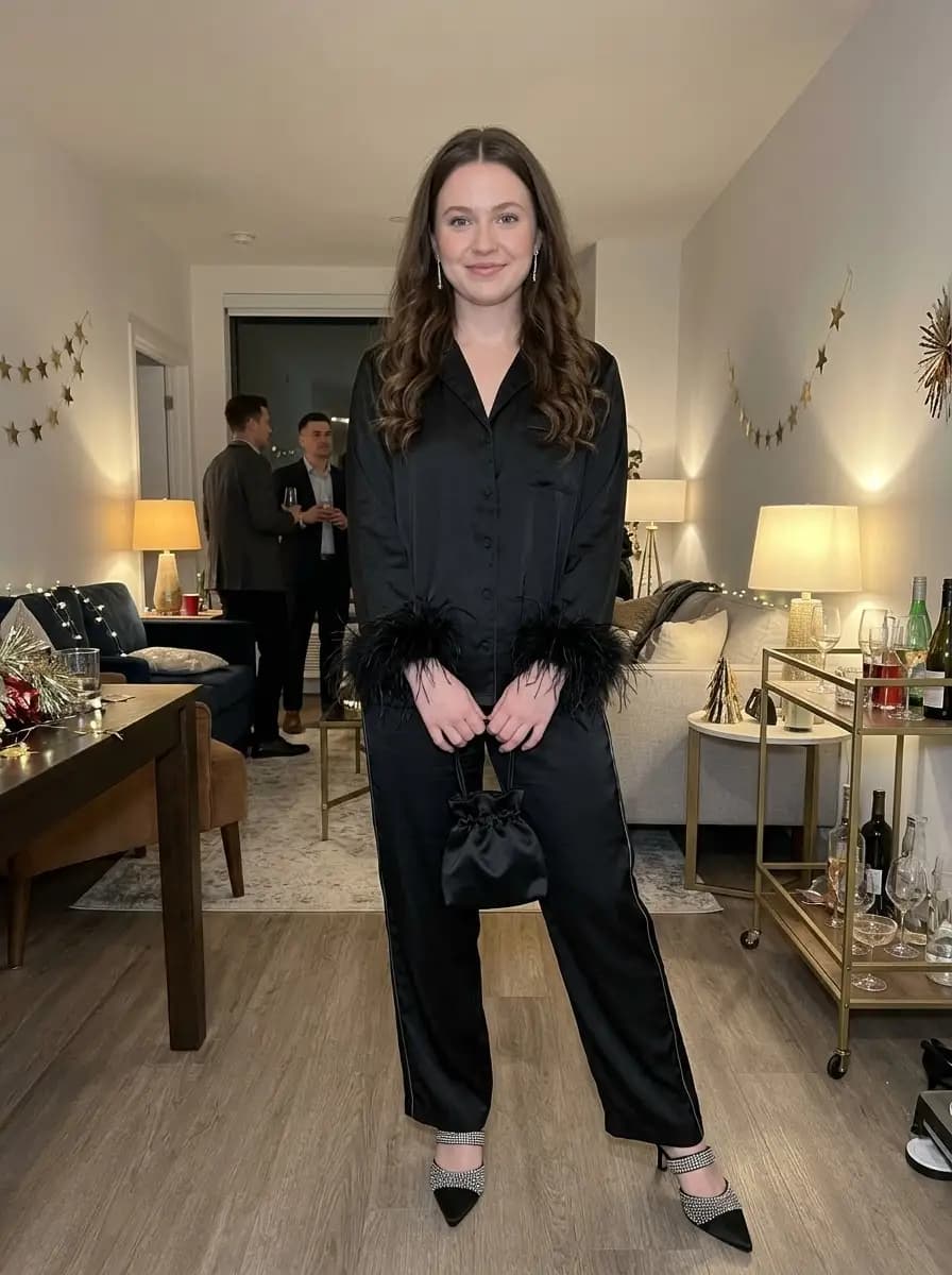 Glossy black satin pajama set with dramatic black feather cuffs, rhinestone-trimmed heels, and mini drawstring bag