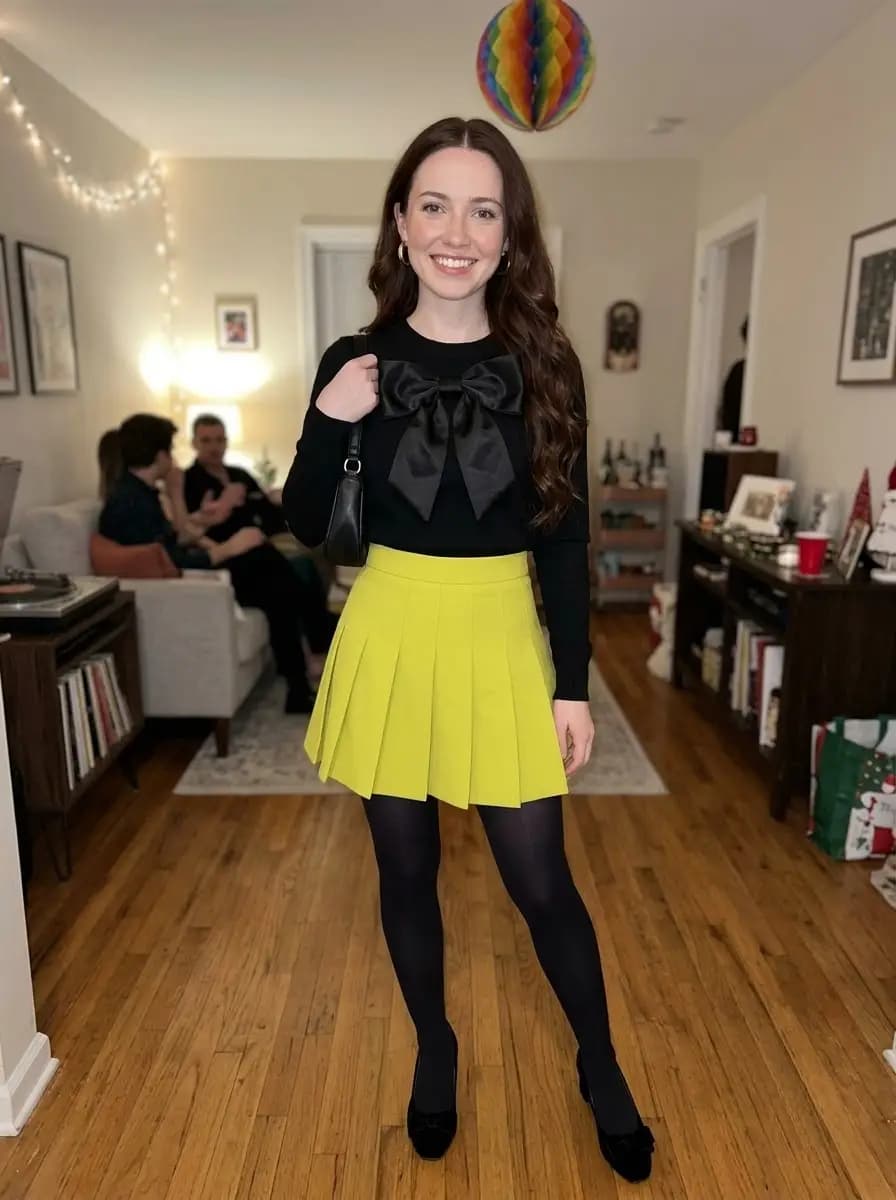 Black long-sleeve sweater with oversized bow paired with chartreuse yellow pleated mini skirt and black tights