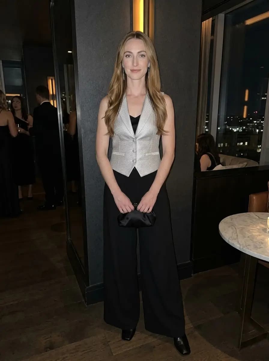 Tailored silver metallic button-front vest styled over black neckline with flowing black wide-leg trousers
