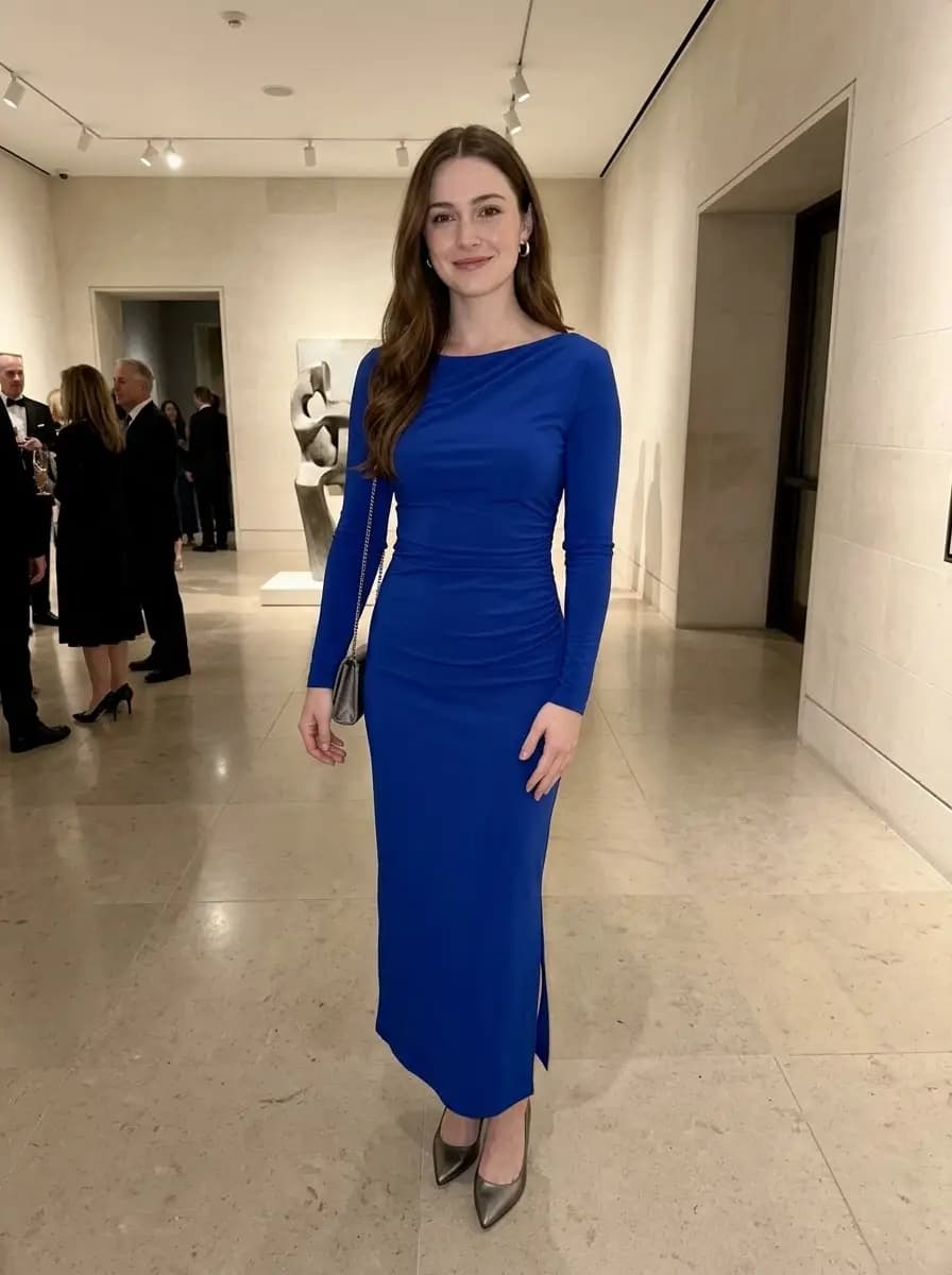 Vivid royal blue long-sleeve maxi dress with waist ruching paired with metallic silver pointed heels and silver bag
