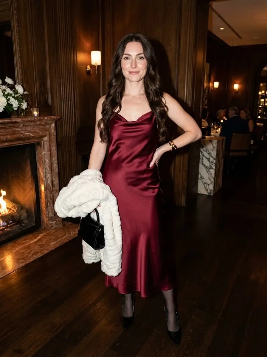 Deep burgundy satin cowl-neck midi slip dress layered under a plush ivory faux-fur coat with black tights and heels
