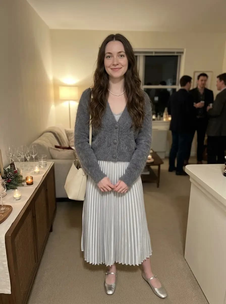 Soft grey fuzzy knit buttoned cardigan paired with a metallic silver pleated midi skirt and silver Mary Jane flats